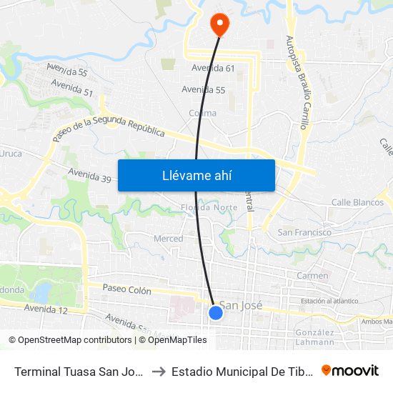 Terminal Tuasa San José to Estadio Municipal De Tibás map