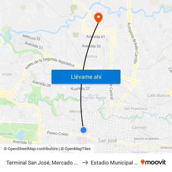 Terminal San José, Mercado La Coca Cola to Estadio Municipal De Tibás map