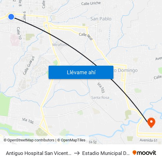 Antiguo Hospital San Vicente De Paul to Estadio Municipal De Tibás map