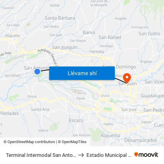 Terminal Intermodal San Antonio De Belén to Estadio Municipal De Tibás map