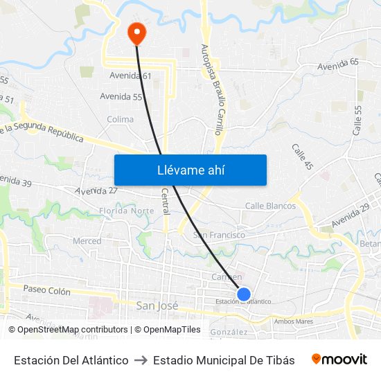 Estación Del Atlántico to Estadio Municipal De Tibás map