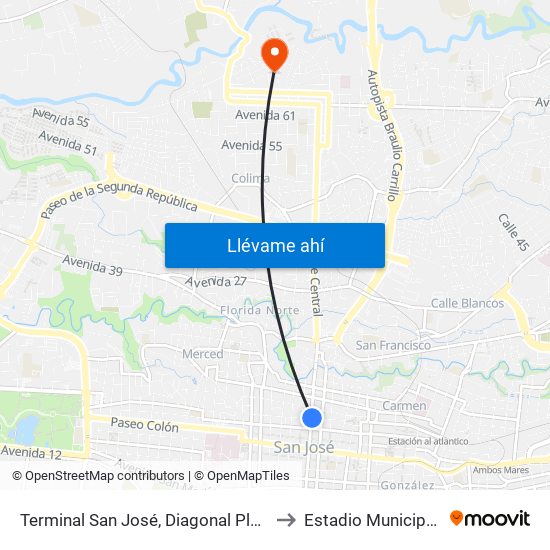 Terminal San José, Diagonal Plazoleta Tiradentes to Estadio Municipal De Tibás map