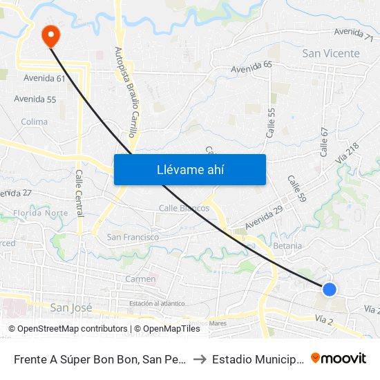 Frente A Súper Bon Bon, San Pedro Montes De Oca to Estadio Municipal De Tibás map