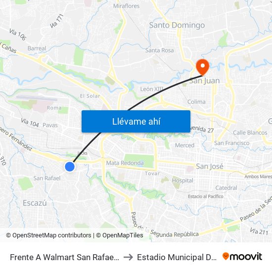 Frente A Walmart San Rafael, Escazú to Estadio Municipal De Tibás map