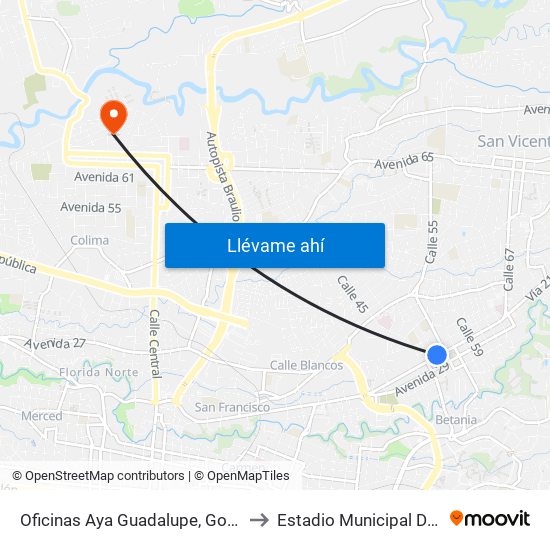 Oficinas Aya Guadalupe, Goicoechea to Estadio Municipal De Tibás map