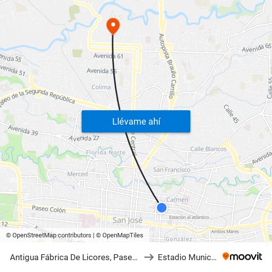 Antigua Fábrica De Licores, Paseo De Las Damas San José to Estadio Municipal De Tibás map