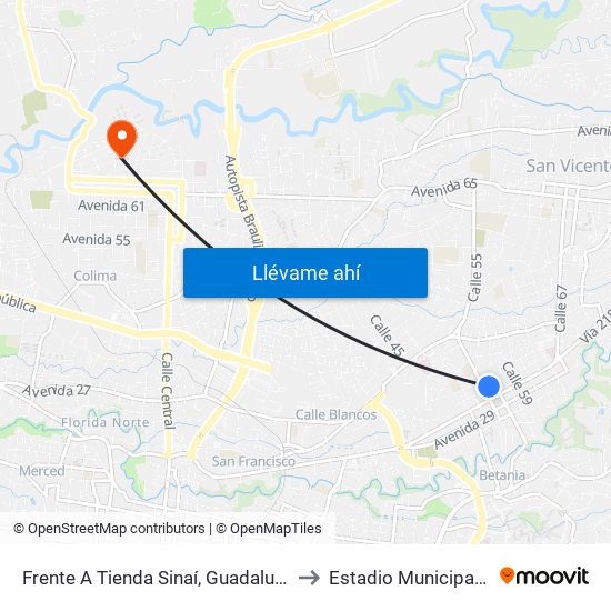 Frente A Tienda Sinaí, Guadalupe Goicoechea to Estadio Municipal De Tibás map