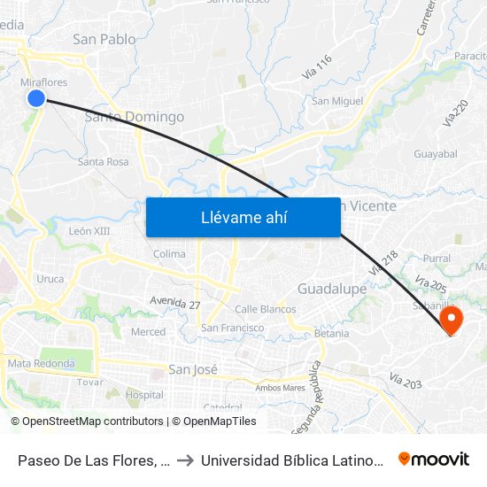 Paseo De Las Flores, Heredia to Universidad Bíblica Latinoamericana map