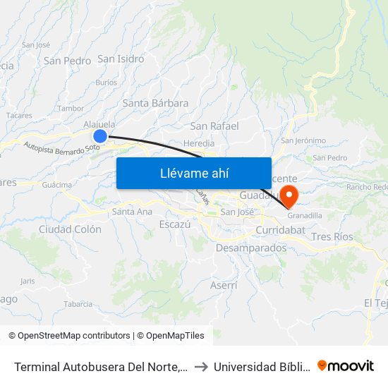 Terminal Autobusera Del Norte, Radial Francisco J. Orlich Alajuela to Universidad Bíblica Latinoamericana map