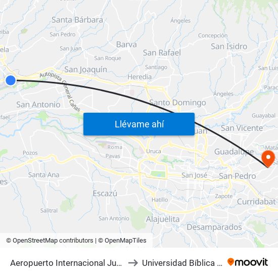 Aeropuerto Internacional Juan Santamaría, Alajuela to Universidad Bíblica Latinoamericana map