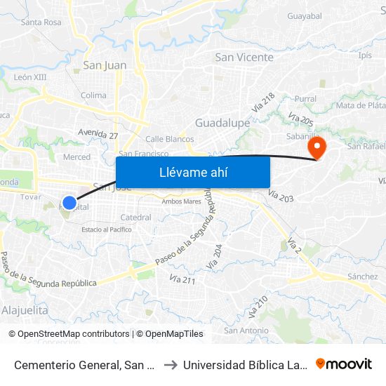 Cementerio General, San Bosco San José to Universidad Bíblica Latinoamericana map
