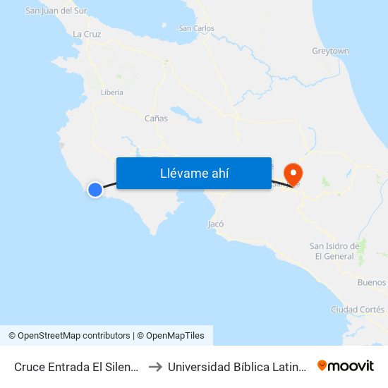 Cruce Entrada El Silencio, Nicoya to Universidad Bíblica Latinoamericana map