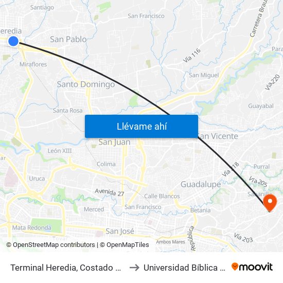 Terminal Heredia, Costado Este Parque El Carmén to Universidad Bíblica Latinoamericana map