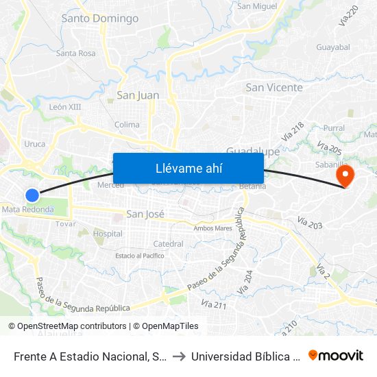 Frente A Estadio Nacional, Sabana Norte San José to Universidad Bíblica Latinoamericana map