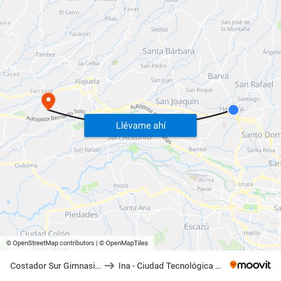 Costador Sur Gimnasio Liceo De Heredia to Ina - Ciudad Tecnológica Mario Echandi Jiménez map