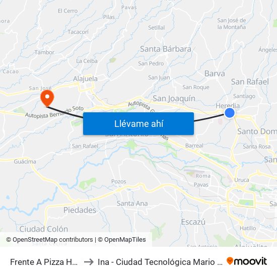 Frente A Pizza Hut, Heredia to Ina - Ciudad Tecnológica Mario Echandi Jiménez map