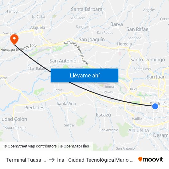 Terminal Tuasa San José to Ina - Ciudad Tecnológica Mario Echandi Jiménez map