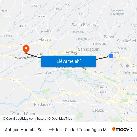 Antiguo Hospital San Vicente De Paul to Ina - Ciudad Tecnológica Mario Echandi Jiménez map