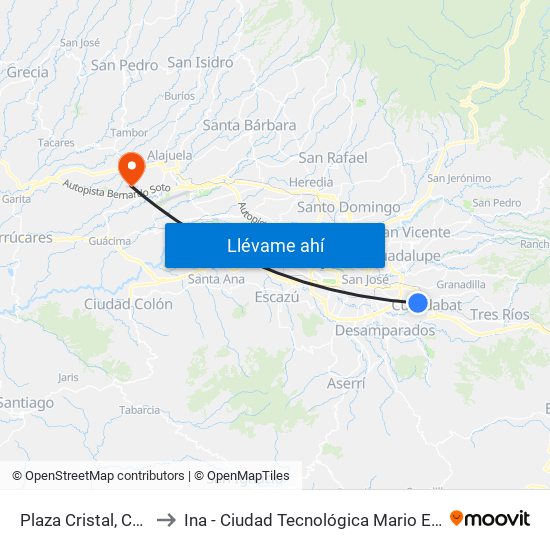 Plaza Cristal, Curridabat to Ina - Ciudad Tecnológica Mario Echandi Jiménez map