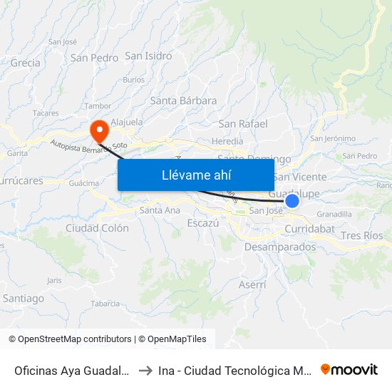 Oficinas Aya Guadalupe, Goicoechea to Ina - Ciudad Tecnológica Mario Echandi Jiménez map