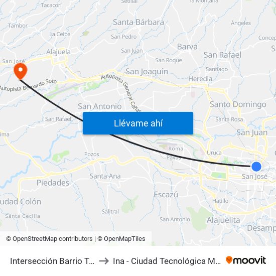 Intersección Barrio Tournon, San José to Ina - Ciudad Tecnológica Mario Echandi Jiménez map