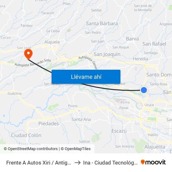 Frente A Autos Xiri / Antigua Peugeot, La Valencia Heredia to Ina - Ciudad Tecnológica Mario Echandi Jiménez map