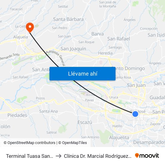 Terminal Tuasa San José to Clínica Dr. Marcial Rodríguez Conejo map