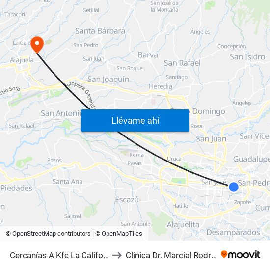 Cercanías A Kfc La California, San José to Clínica Dr. Marcial Rodríguez Conejo map