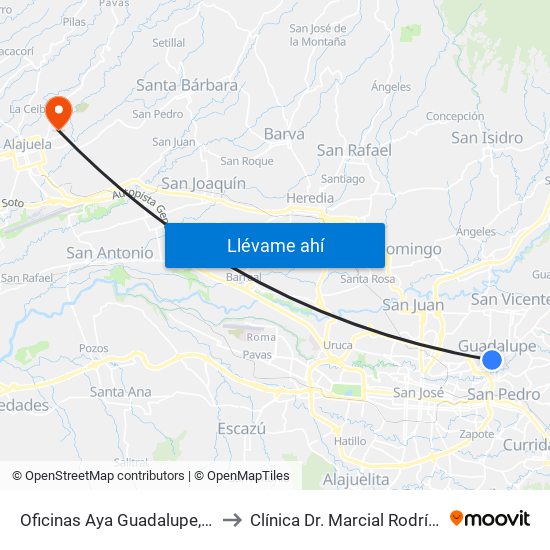 Oficinas Aya Guadalupe, Goicoechea to Clínica Dr. Marcial Rodríguez Conejo map