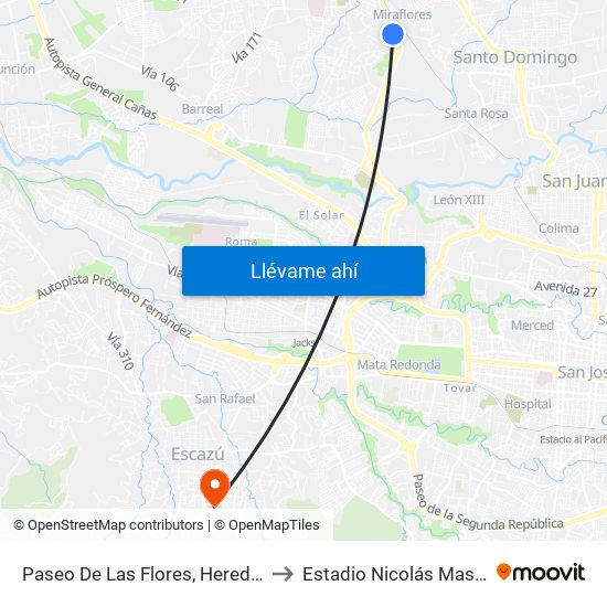 Paseo De Las Flores, Heredia to Estadio Nicolás Masís map