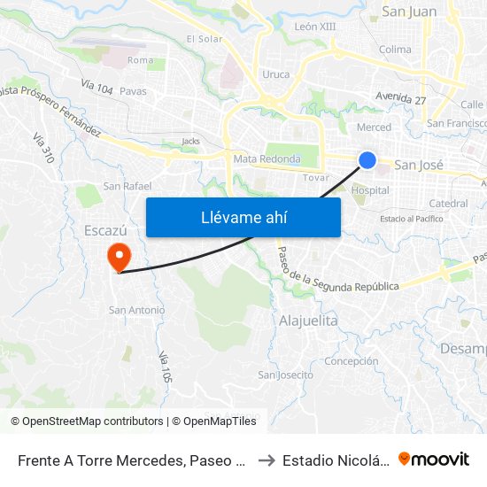 Frente A Torre Mercedes, Paseo Colón San José to Estadio Nicolás Masís map