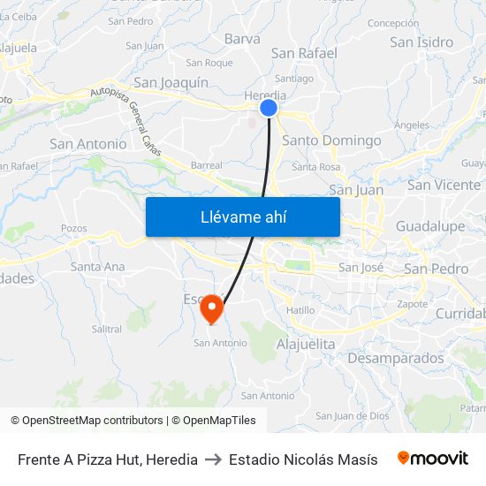 Frente A Pizza Hut, Heredia to Estadio Nicolás Masís map