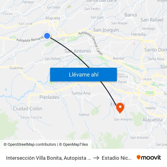 Intersección Villa Bonita, Autopista Bernardo Soto Alajuela to Estadio Nicolás Masís map