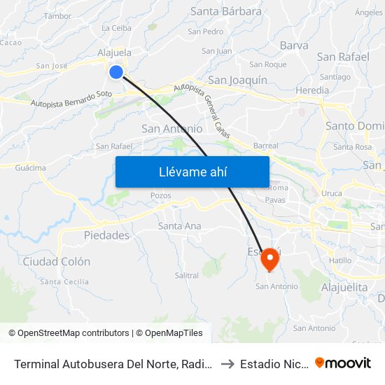 Terminal Autobusera Del Norte, Radial Francisco J. Orlich Alajuela to Estadio Nicolás Masís map