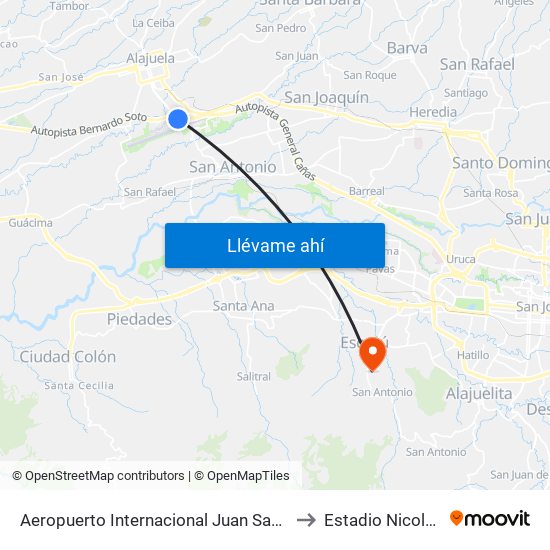 Aeropuerto Internacional Juan Santamaría, Alajuela to Estadio Nicolás Masís map