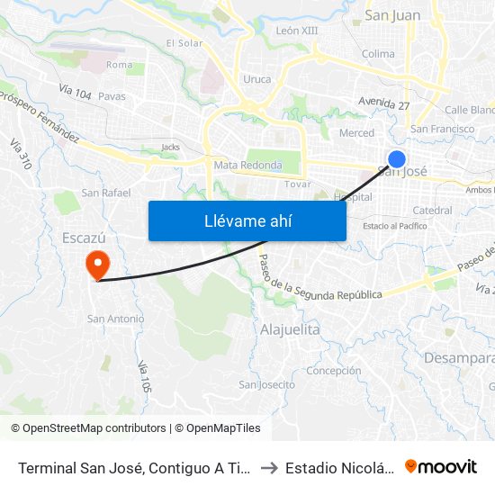 Terminal San José, Contiguo A Tienda Maracay to Estadio Nicolás Masís map