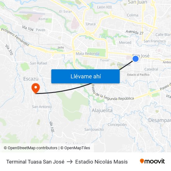 Terminal Tuasa San José to Estadio Nicolás Masís map