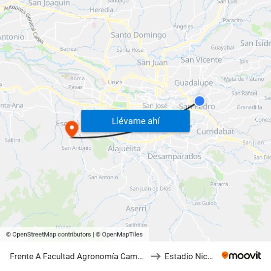 Frente A Facultad Agronomía Campus Ucr, Montes De Oca to Estadio Nicolás Masís map