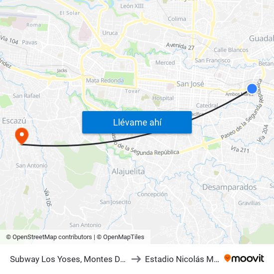 Subway Los Yoses, Montes De Oca to Estadio Nicolás Masís map