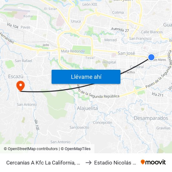 Cercanías A Kfc La California, San José to Estadio Nicolás Masís map