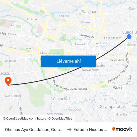 Oficinas Aya Guadalupe, Goicoechea to Estadio Nicolás Masís map