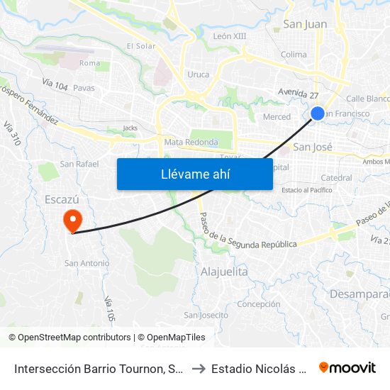 Intersección Barrio Tournon, San José to Estadio Nicolás Masís map