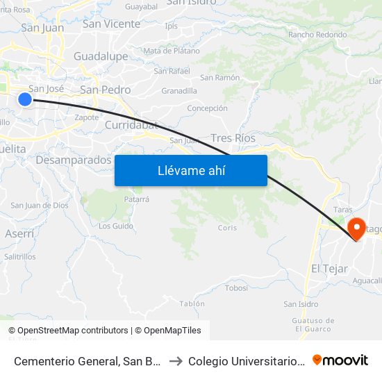 Cementerio General, San Bosco San José to Colegio Universitario De Cartago map