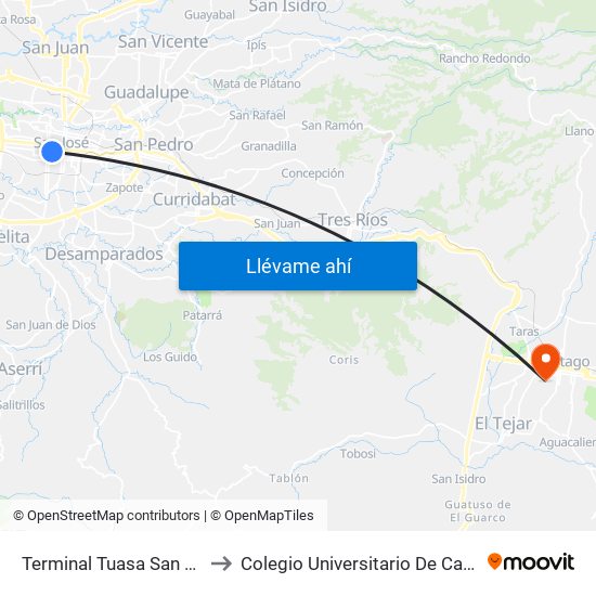 Terminal Tuasa San José to Colegio Universitario De Cartago map