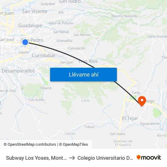 Subway Los Yoses, Montes De Oca to Colegio Universitario De Cartago map