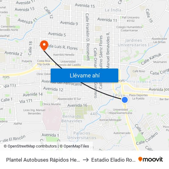 Plantel Autobuses Rápidos Heredianos, Pirro Heredia to Estadio Eladio Rosabal Cordero map