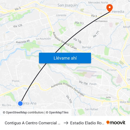 Contiguo A Centro Comercial Santa Ana Town Center to Estadio Eladio Rosabal Cordero map