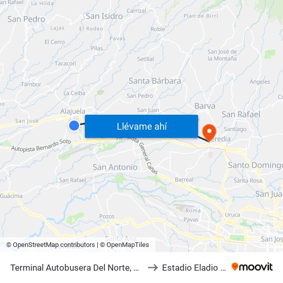 Terminal Autobusera Del Norte, Radial Francisco J. Orlich Alajuela to Estadio Eladio Rosabal Cordero map