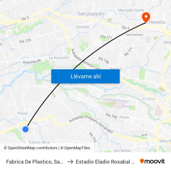 Fabrica De Plastico, Santa Ana to Estadio Eladio Rosabal Cordero map