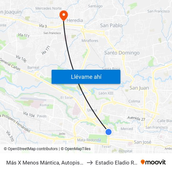 Más X Menos Mántica, Autopista General Cañas San José to Estadio Eladio Rosabal Cordero map